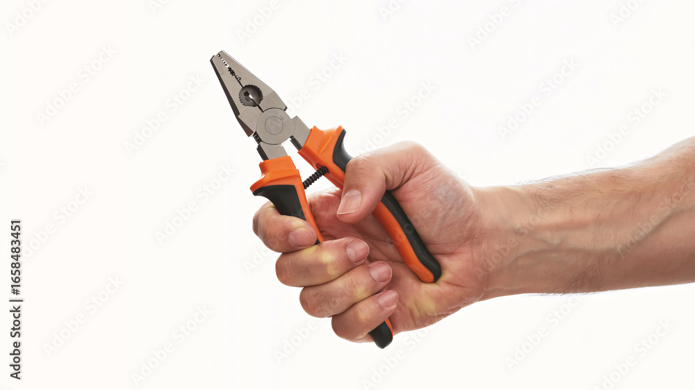 Fototapeta premium Skilled hand grips orange and black pliers, ready for precise DIY or construction tasks