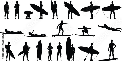 PrintSilhouettes of surfers in various poses with surfboards showing paddling, standing, crouching, and surfing maneuvers for beach sport vector illustration