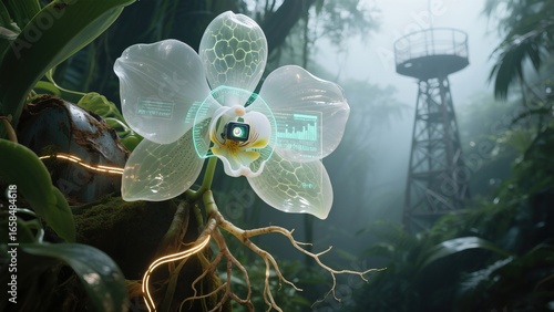 Tech Orchid, Rainforest Monitoring, Eco-Tech Fusion, Futuristic Plant Concept