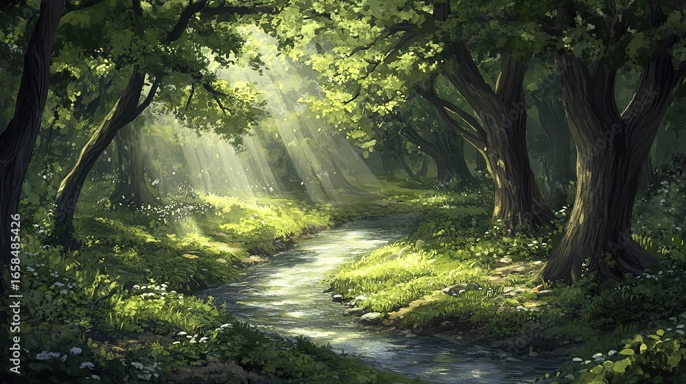 Fototapeta premium Sunlight streams through a lush forest