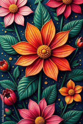 Intricate pressed flower pattern, vibrant hues , leaves, vibrant, design