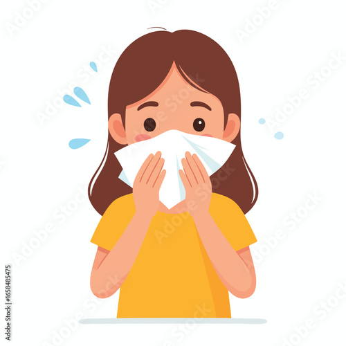 Cartoon girl holding a tissue to her face, possibly sneezing or wiping her nose.