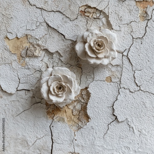 Off-white ceramic rose pair against distressed wall
