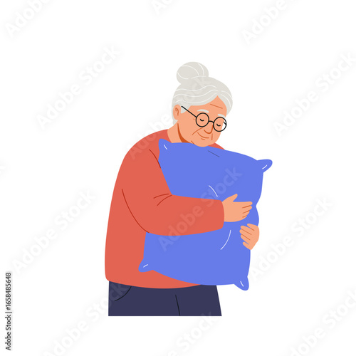 Elderly woman hugging pillow in a cozy indoor setting  