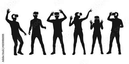 Silhouette vector of diverse people using VR headsets, experiencing virtual reality, immersive gaming, interactive technology, and digital future innovation