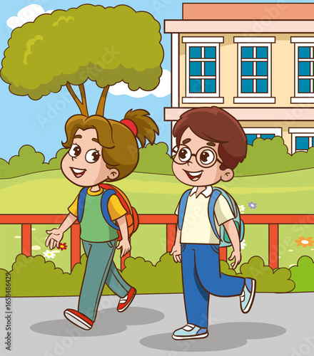 Happy and diverse school children with backpacks, excited kids ready to go to school, cheerful children returning home from school, illustration of primary school students