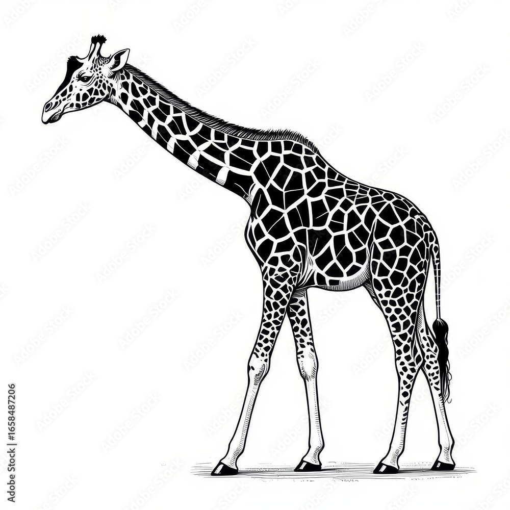 Naklejka premium Elegant Giraffe Standing Tall in African Savanna Landscape Illustration