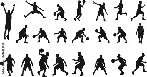 Silhouette vector set of basketball players dribbling, shooting, passing, jumping, dunking and defending in various action and training poses