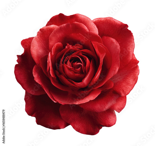 Close-up of a vibrant red rose, petals tightly clustered, dark crimson tones