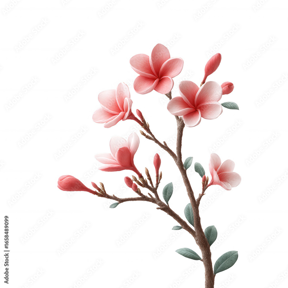 Fototapeta premium Delicate pink flowers bloom on a slender branch against a white isolated background, showcasing their soft petals and green leaves, ideal for floral designs and nature themes.