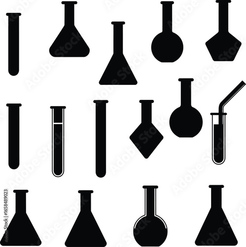 Wide Assortment of Black Scientific Glassware Silhouettes, a Vector Collection of Various Flasks and Test Tubes with and without Liquid, ideal for Chemistry, Medical, and Research-themed Designs.