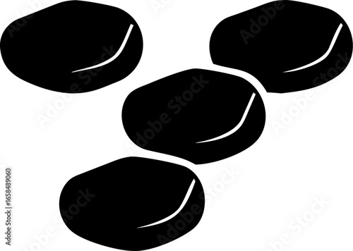 Monochrome vector icon of four smooth, rounded black stones arranged in a cluster. Minimalist graphic illustration representing zen, balance, nature, and wellness for spa or therapy concepts. 288.eps