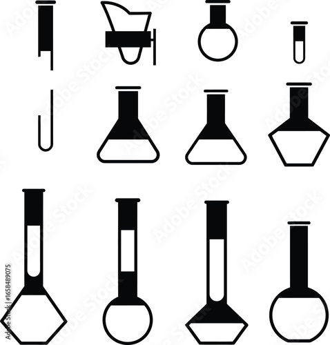 Assorted Vector Set of Laboratory Glassware Silhouettes, featuring various flasks, beakers, and scientific equipment, perfect for educational, chemical, and medical research-themed projects and design