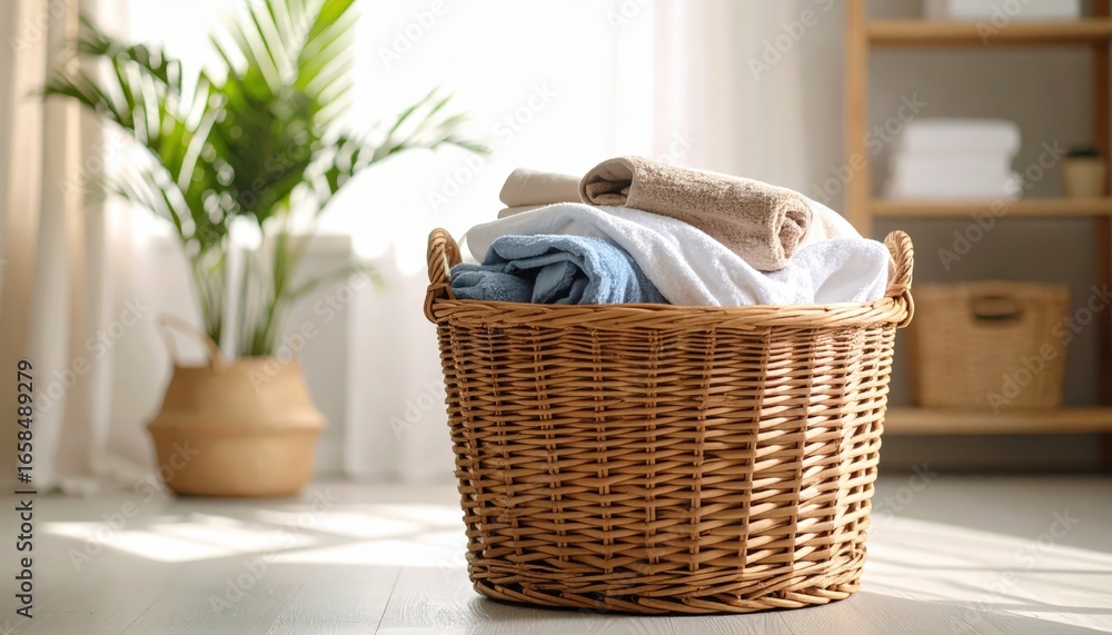 Obraz premium Clean Laundry Basket in a Bright Room: A wicker laundry basket, overflowing with freshly laundered clothes and fluffy towels, sits in a sunlit room.