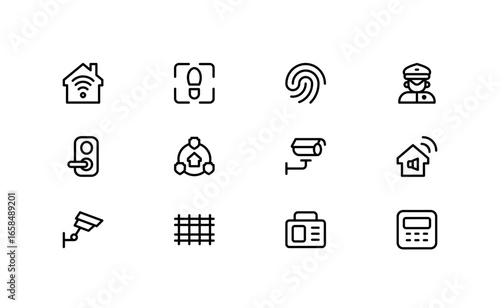 Flat Home Security Icon Pack – Minimal Linear Outline Vector Symbols of Lock, Shield, CCTV, Alarm, House Protection, Key, Safe, Collection for UI, Web, and Infographic Design