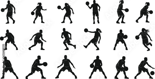 Silhouettes of male and female basketball players dribbling and holding ball, sport action poses, athletic vector design for game