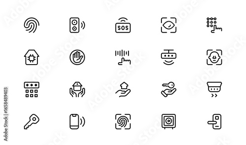 Smart Security Icons – Flat Linear Outline Vector Collection with CCTV, Shield, Lock, Alarm, House Protection, Key, Minimal Clean Pack for Apps, Websites, and Branding