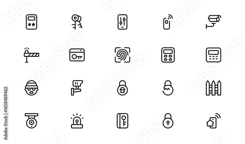 Outline Security Icon Collection – Flat Linear Vector Set of CCTV, Shield, Lock, Alarm, House, Key, Safe, Clean Modern Pack for Web, Apps, Infographics, and Print Projects