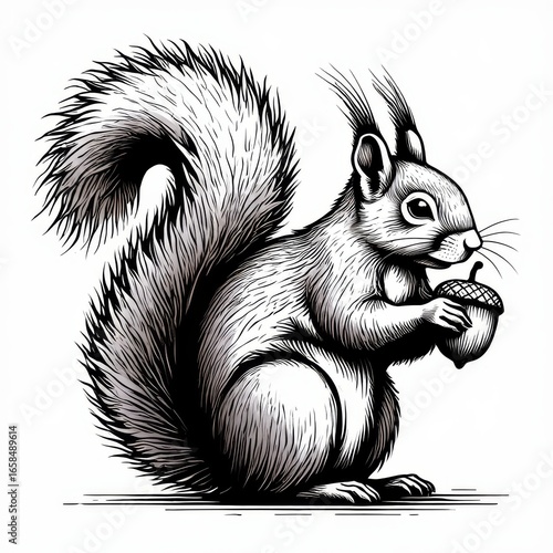 Detailed Ink Drawing of a Fluffy Squirrel Holding an Acorn in its Paws