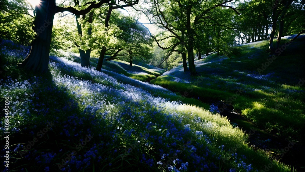 Naklejka premium serene bluebell valley with sunlit trees and rolling hills
