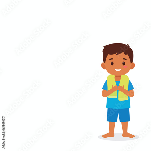 Cartoon illustration of a young boy wearing a towel and swim attire, standing and smiling.