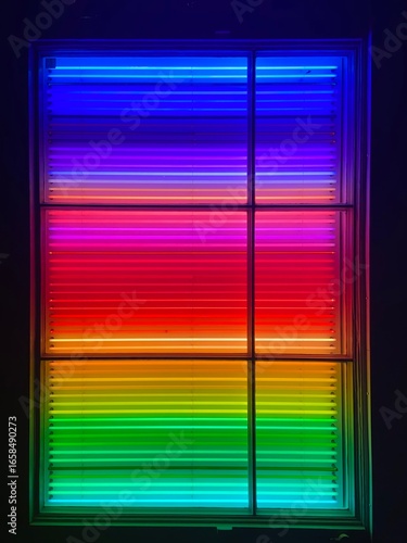 Rainbow Neon Lights Glowing in a Window at Night