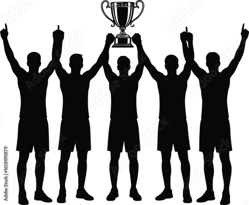 Team of male athletes silhouettes raising trophy, celebrating victory, unity in sports, teamwork success concept, sportsman group winning moment vector