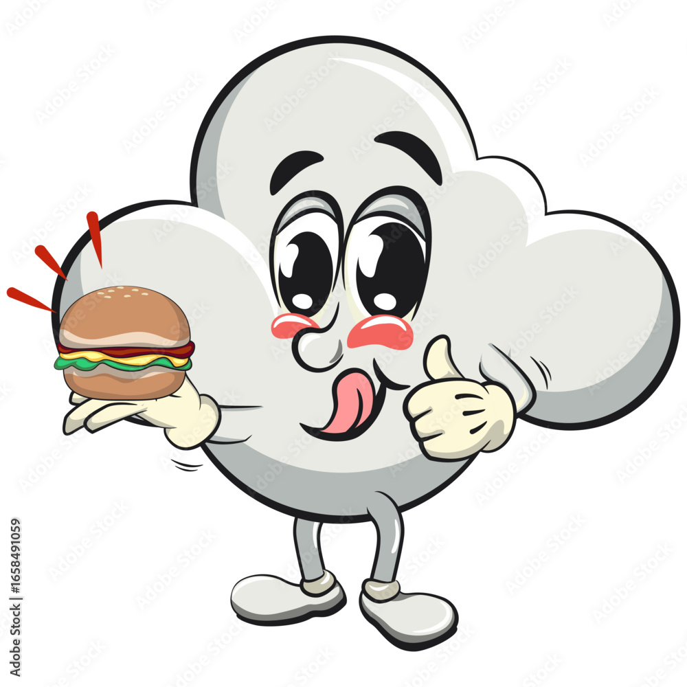 Obraz premium cute cloud cartoon mascot character vector illustration carrying a burger while giving a thumbs up, work of hand drawn