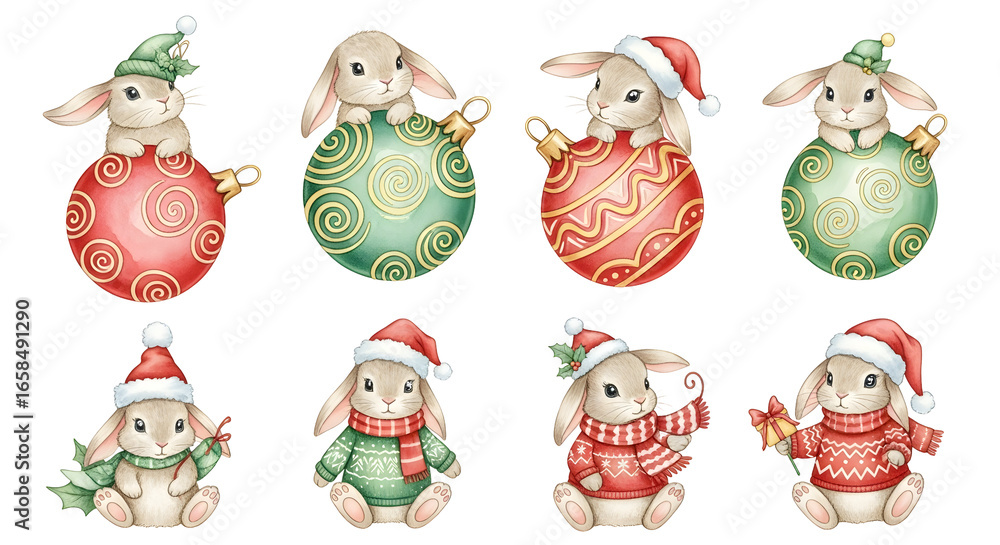 Obraz premium Eight watercolor bunnies wearing Christmas hats and sweaters with festive ornaments isolated on a transparent background