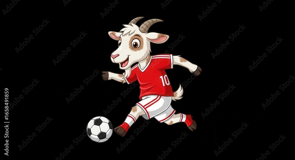 Playful cartoon goat athlete dribbling a soccer ball with enthusiasm in a red jersey Playful cartoon goat athlete dribbling a soccer ball with enthusiasm in a red jersey