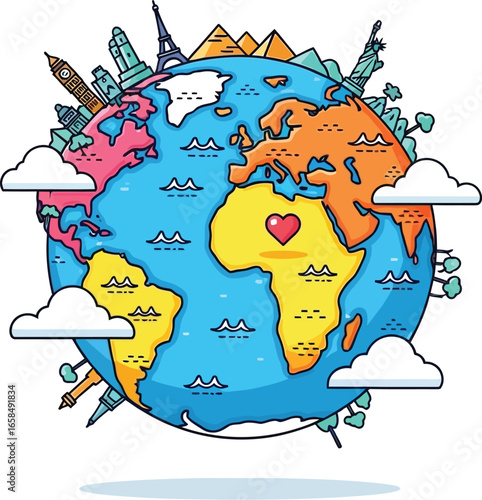 Illustrated earth globe with world landmarks and continents surrounded by clouds on white background