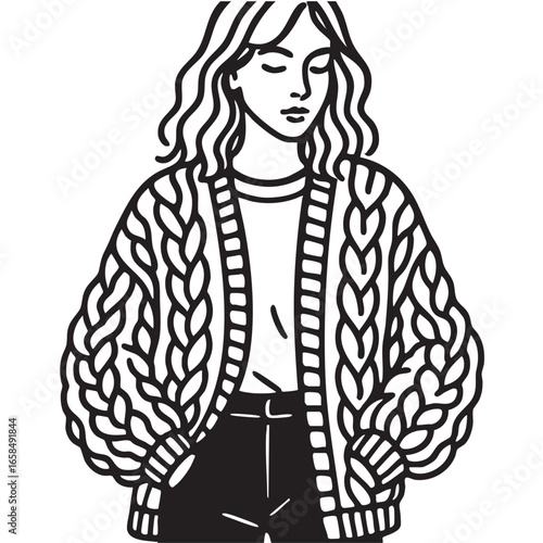 Fashion girl in knitting cardigan . Sketch. Vector illustration