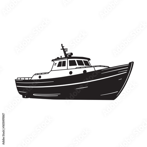 A minimalist black and white illustration of a motorboat on a white background
