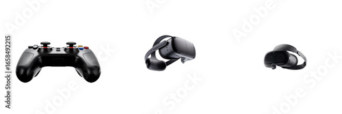 Black game controller and V R headsets isolated on a transparent background