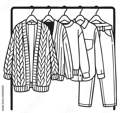 Fashion voluminous knitting cardigans and other autumn clothes on hangers, sketch