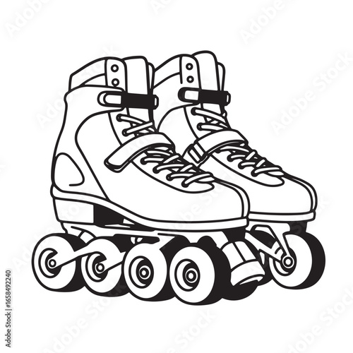 Black and white detailed illustration of a pair of classic quad roller skates