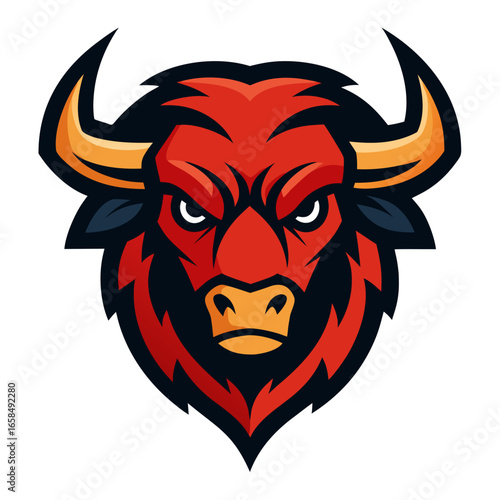 Fierce red bull mascot head with sharp horns