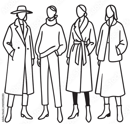 Fashion models. Sketch. Woman in dress. Fashion abstract silhouette models in autumn clothes