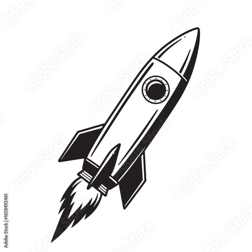 Black and white illustrated rocket ship ascending on a clear white background