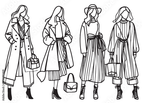 Fashion models. Sketch. Woman in dress. Fashion abstract silhouette models in autumn clothes