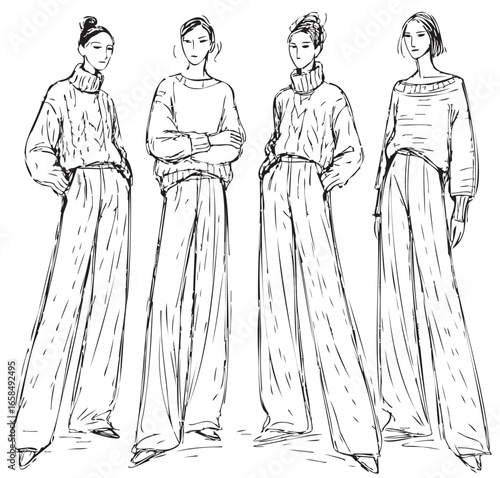 Fashion models. Sketch. Woman in sweater and pants. Fashion abstract silhouette models in autumn clothes