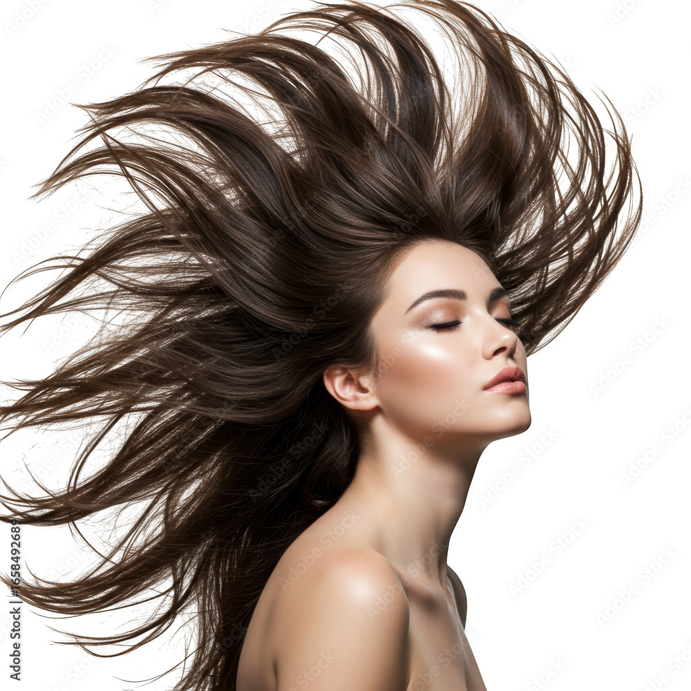 Naklejka premium Woman with long brown hair blowing in wind isolated on transparent background