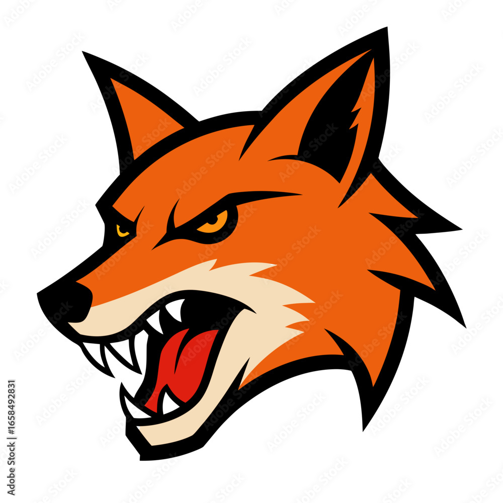Obraz premium Fierce orange fox head with open mouth and yellow eyes on black background