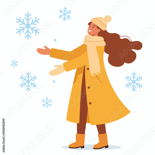 A happy woman in a yellow coat enjoying a snowy winter day.