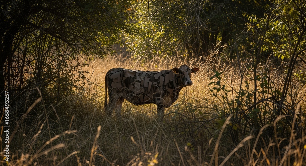 Naklejka premium Patterned Cow Standing in Golden Grassy Field with Soft Lighting