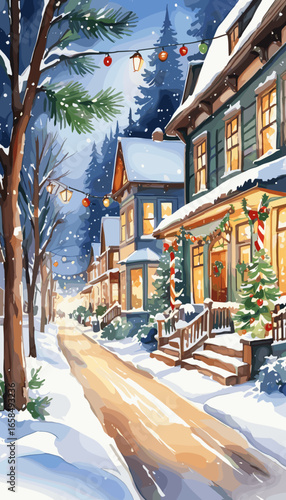 Snowy street decorated for Christmas with colorful lights on houses  