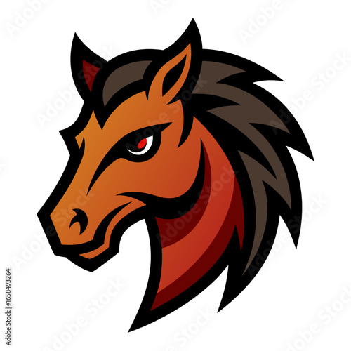 Fierce horse head logo with red eye and dark mane