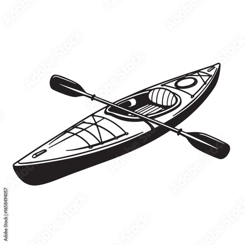Black and white illustration of a kayak with paddle ideal for water recreation and outdoors