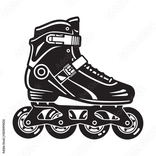 Black and white illustration of an inline roller skate ready for recreational activity