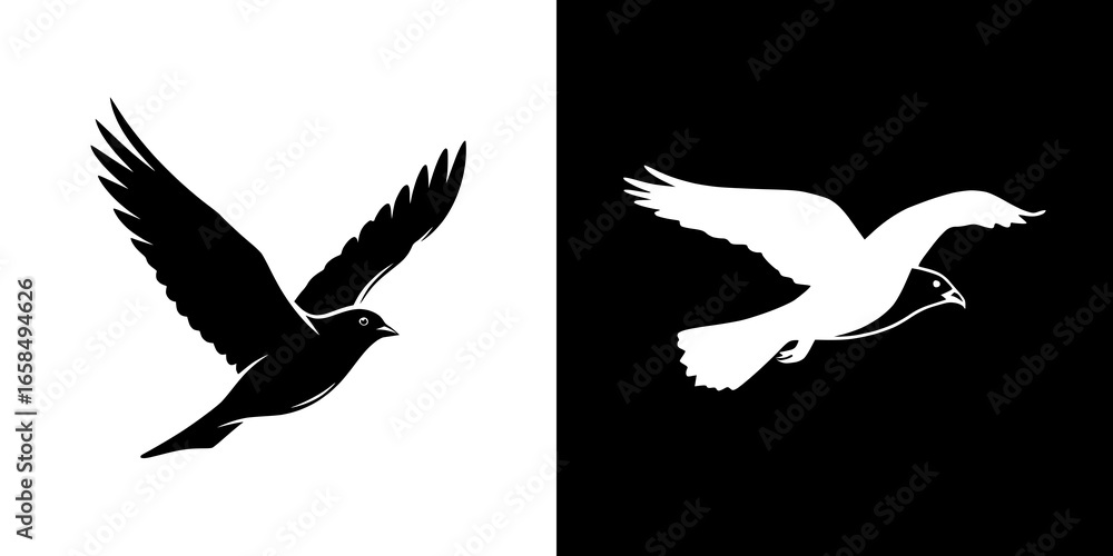 Fototapeta premium Dynamic black and white abstract illustration featuring graceful birds in soaring flight, symbolizing freedom, peace, and balance in a bold, contrasting design.